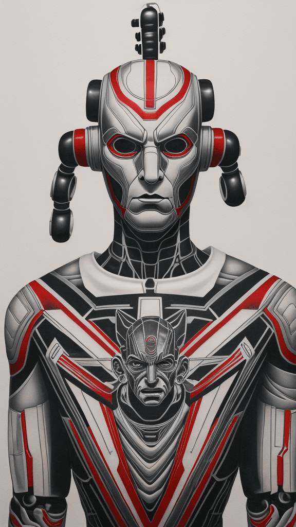 AI generated: A portrait of [a robot man in a bodyguard outfit], in the style of airbrush art, classic tattoo moti...