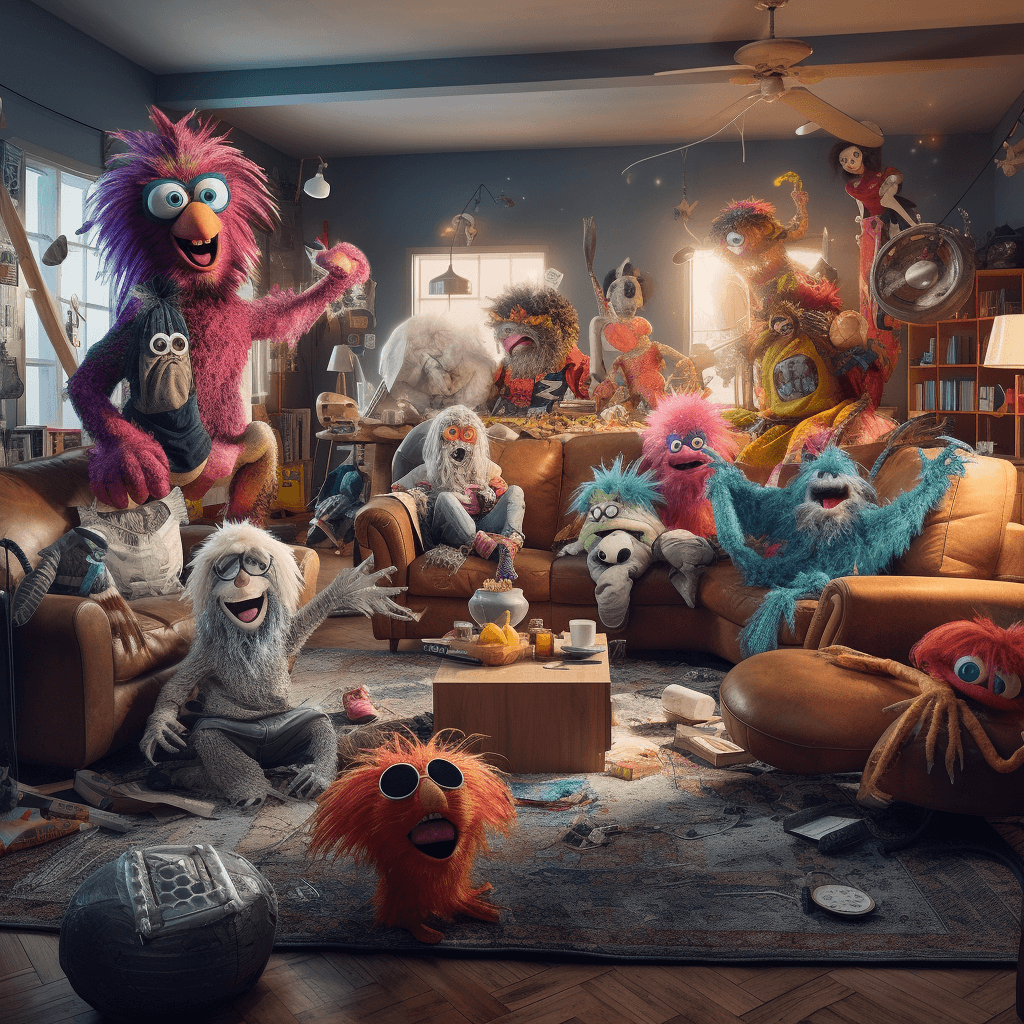 AI generated: creatures scattered in a living room, fraggle rock style, nice circular reflective eye, furniture fr...