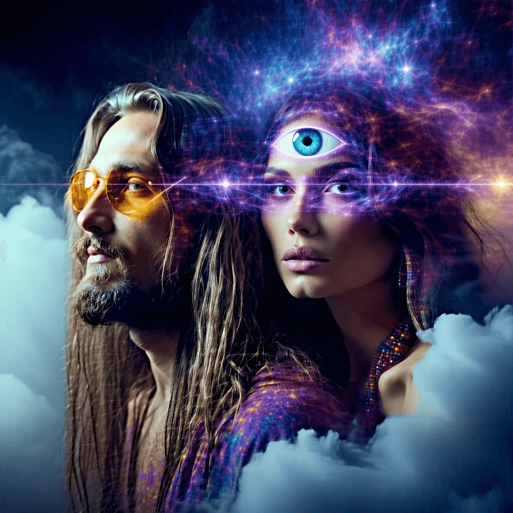 AI generated: Psychedelic, surreal, photo illustration from a world in the clouds, a surrealistic Hippy man and wo...