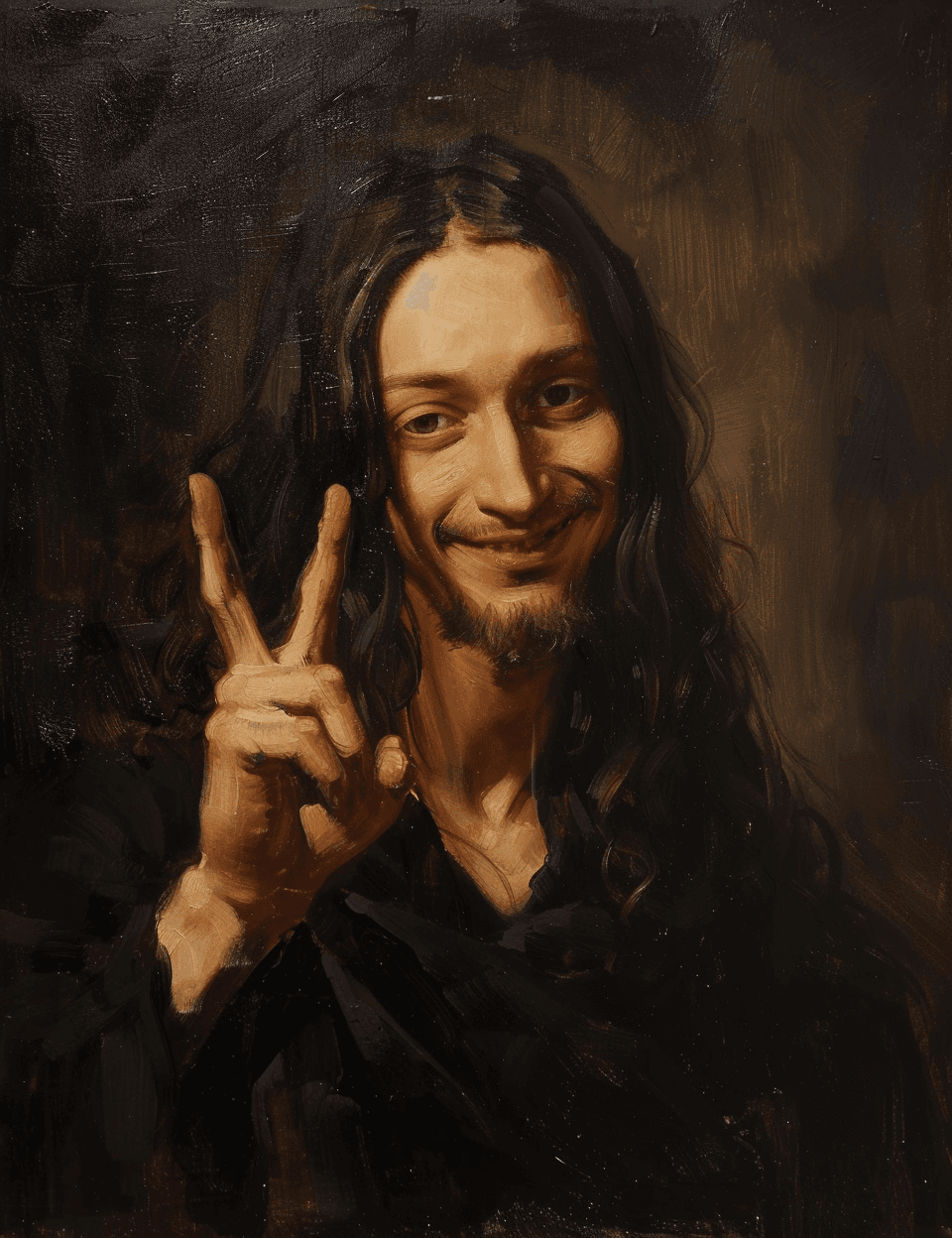 AI generated: oil painting of Jesus Christ as an androgynous person with long hair, smiling at the viewer while ho...