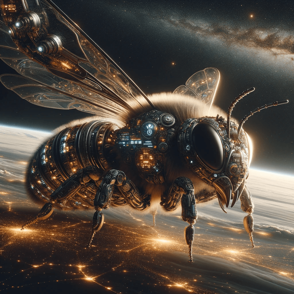 AI generated: Ultra-detailed 8K Photography: A hyper-realistic portrayal of a colossal bee, transformed and concep...
