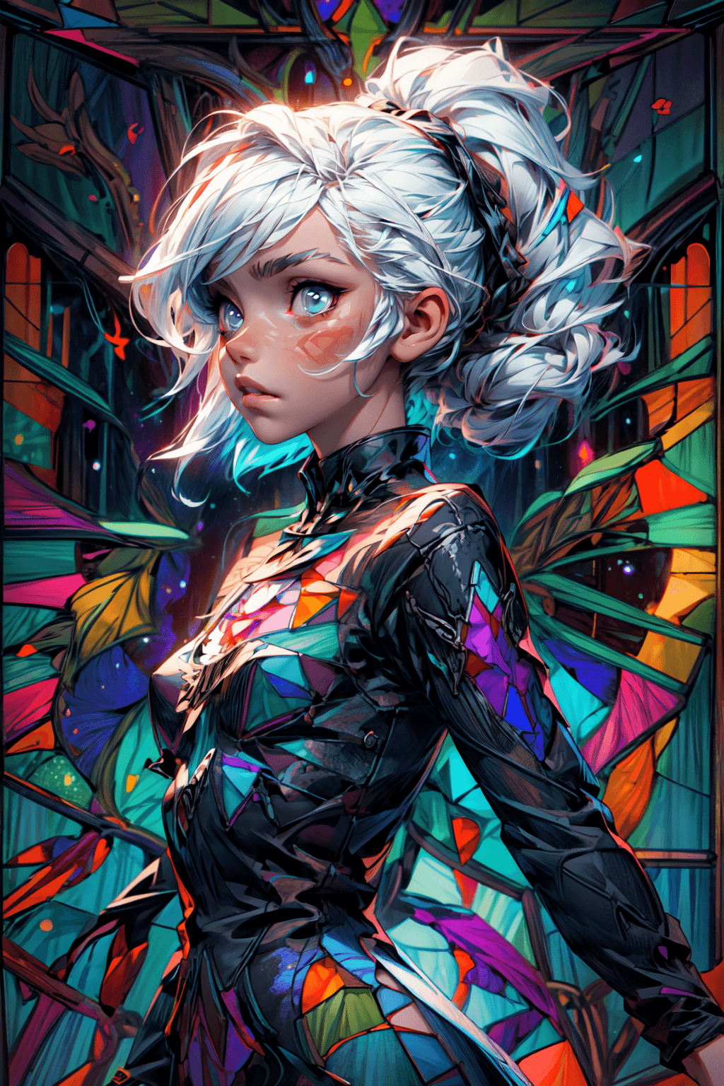 AI generated: (stained glass dress:1.5), blacklight, (beautiful young Korean woman, with white hair in a braided p...
