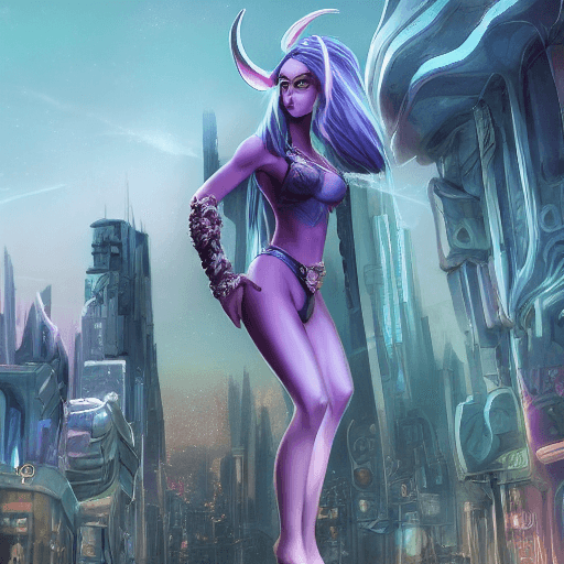 AI generated: a gorgeous draenei girl over a future cityscape, depth of field, oversized shirt, off one shoulder, ...