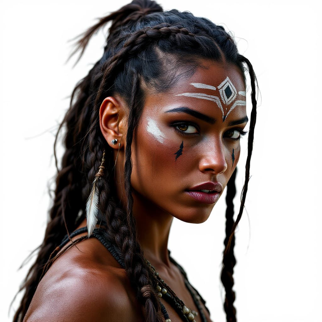 AI generated: Photorealistic image of a Taino warrior woman with braided hair, wearing war paint on her face, feat...