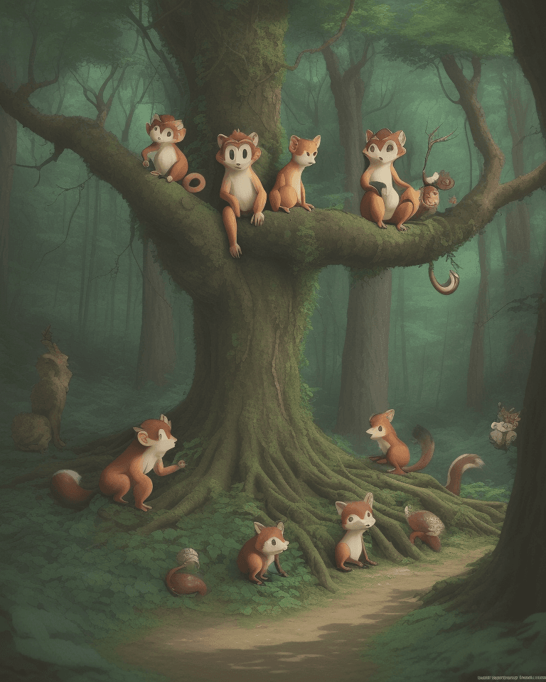 AI generated: In the forest, there is a monkey high on a branch, and on the forest floor there are little hedgehog...