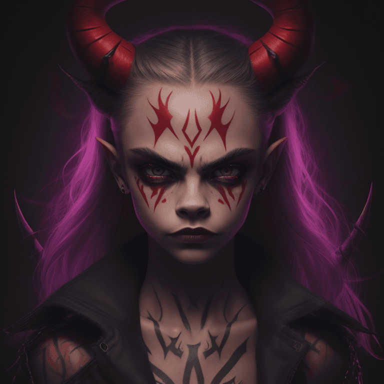 AI generated: Cara Delevingne,portrait photo of davidmod, demon, diabolic, monster, angry, forehead demon horns, r...