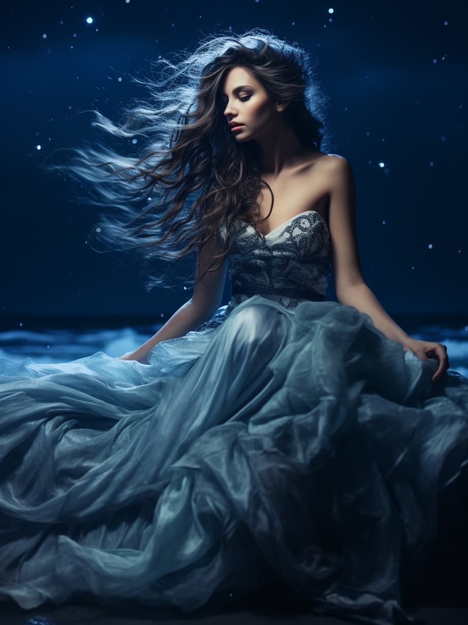AI generated: fashion photo of extremely beautiful 18 years old long hair woman, made of night , dressed in moonli...