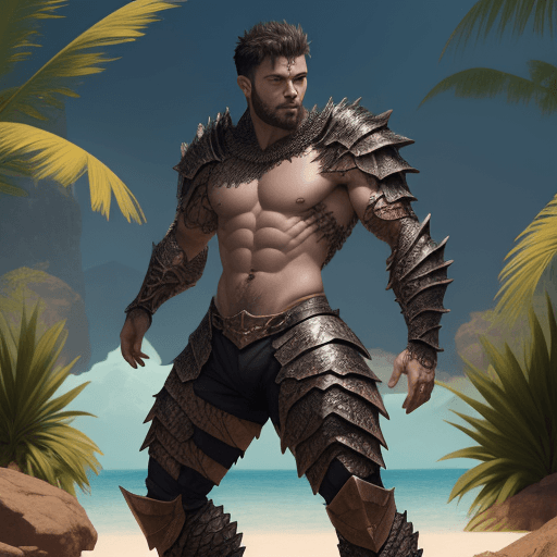 AI generated: A dark short hair man, draconic armour, scruffy, scales, shirtless, bright oasis background, full bo...