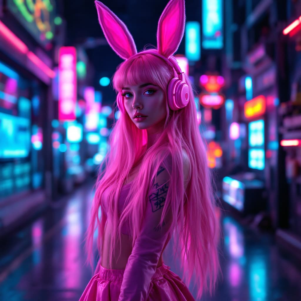 AI generated: The pink bunny girl in the cyber world is a cyberpunk (full body photo), with beautiful long hair, w...