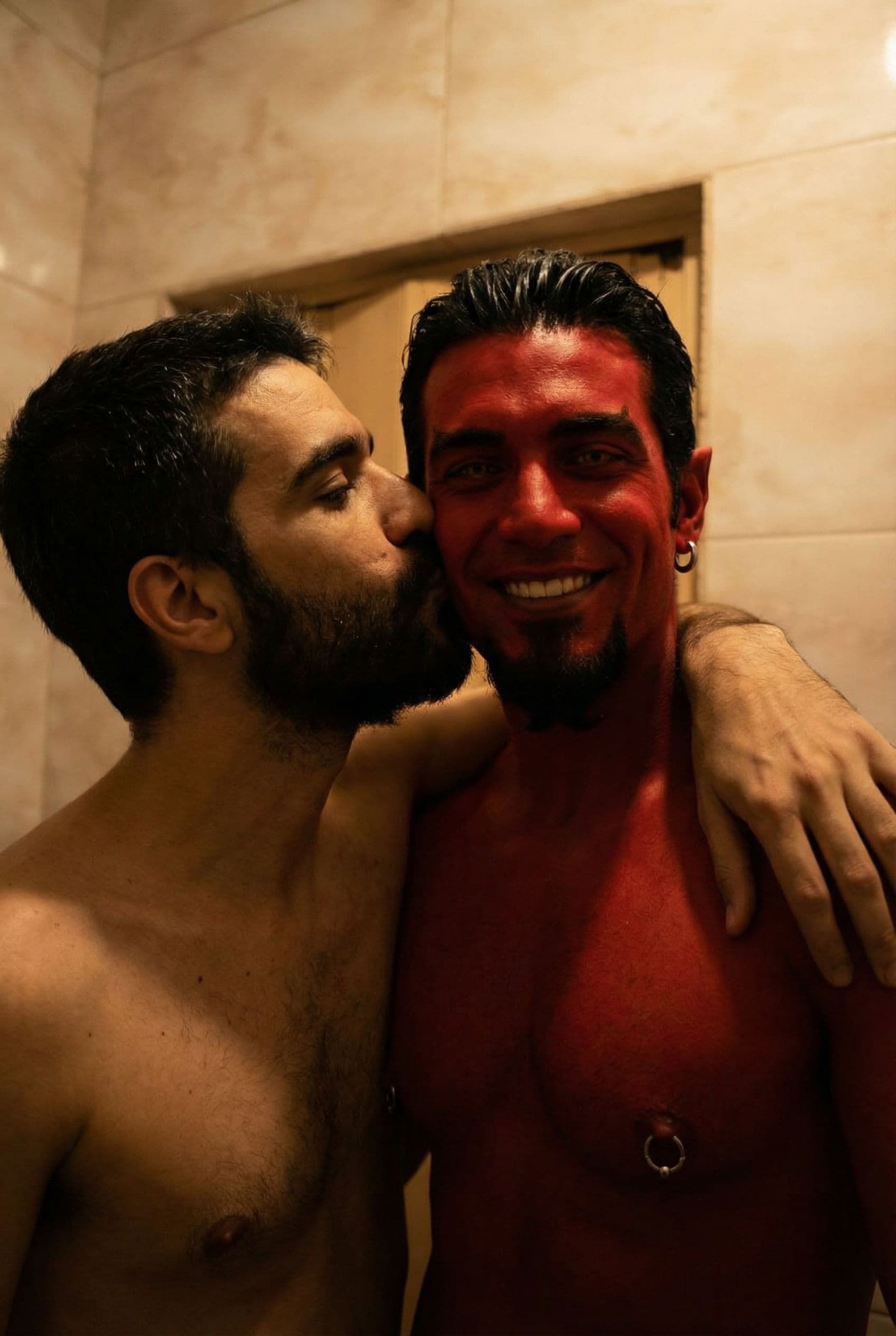 AI generated: Both men kissing and hugging 