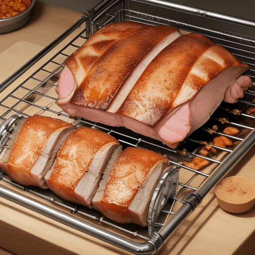 AI generated: Prepare the roasting rack: Draw a roasting rack with pork chunks on top, emphasizing the details of ...