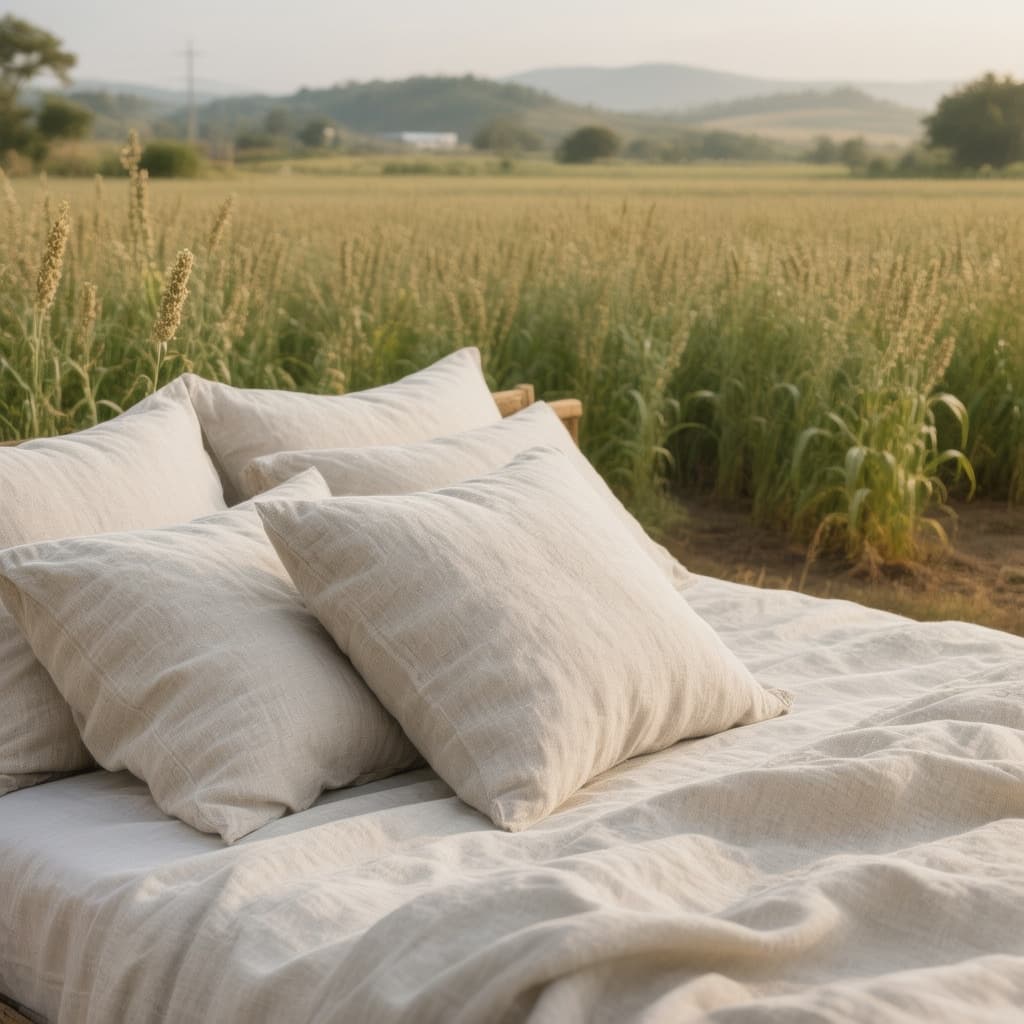 AI generated: Take a photo that clearly shows pure linen on a bed. Linen made of 100% cotton, undyed and unbleache...
