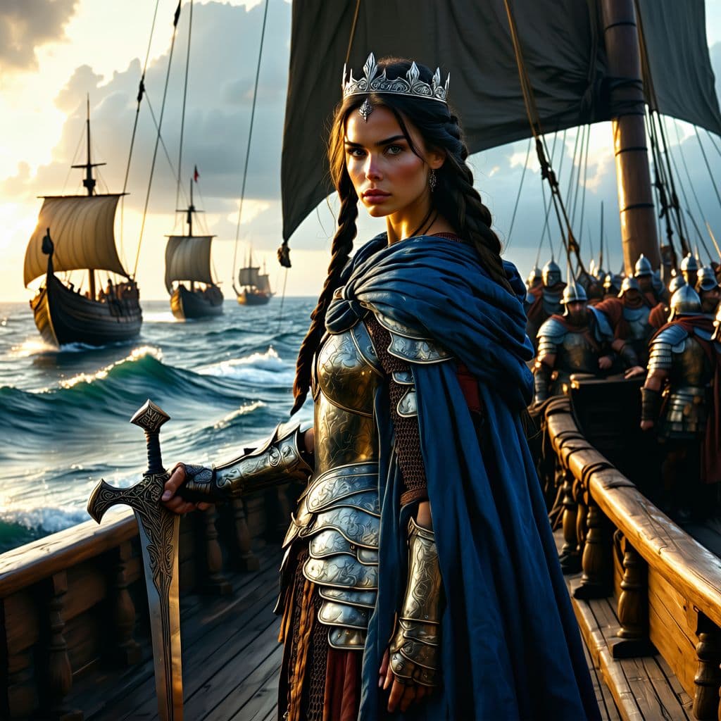AI generated: Prompt: A powerful and determined Queen Teuta of Illyria stands at the prow of her warship, sailing ...