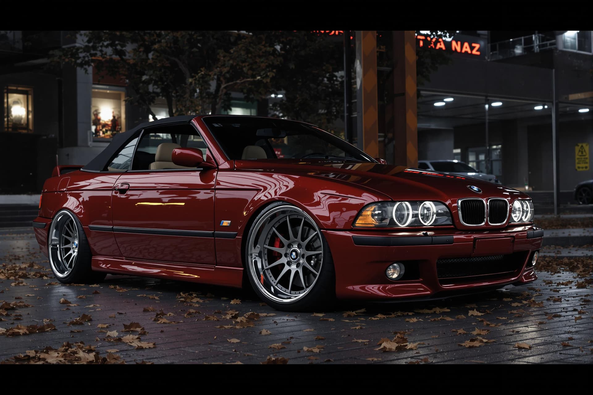 AI generated: dark red bmw e39 5-series convertible with bbs rs wheels, cinematic, hyper realism, high detail, 8k