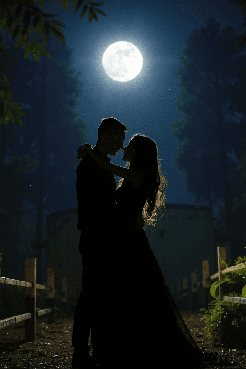 AI generated: A breathtaking romantic scene of a couple standing together in an enchanted garden under a luminous ...