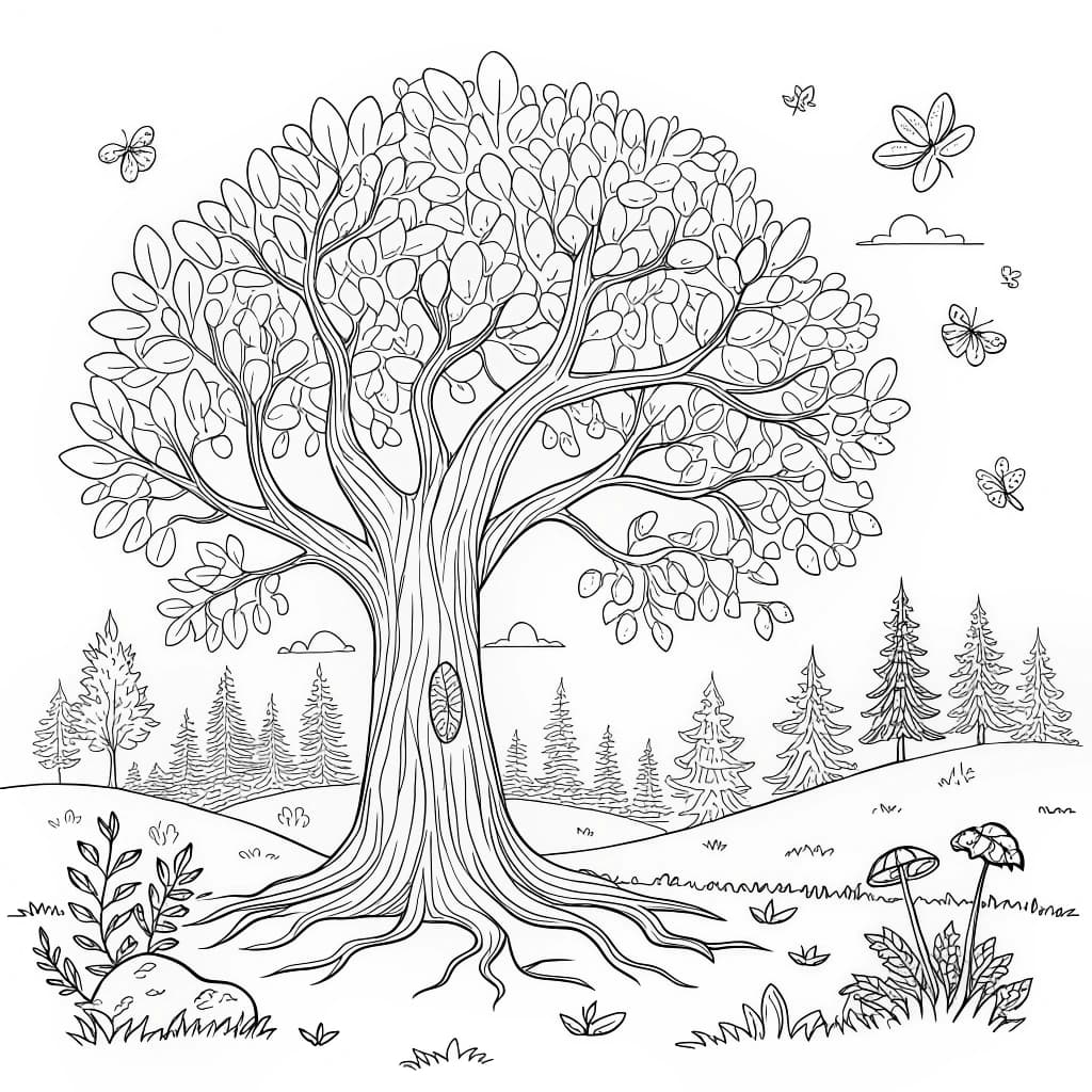 AI generated: Blank, simple illustration "An old oak tree with sprawling roots and decorative leaves in a whimsica...