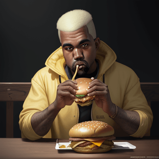 AI generated: portrait photography of Kanye West eating a giant hamburger, extra ketchup and mustard with a sunny ...