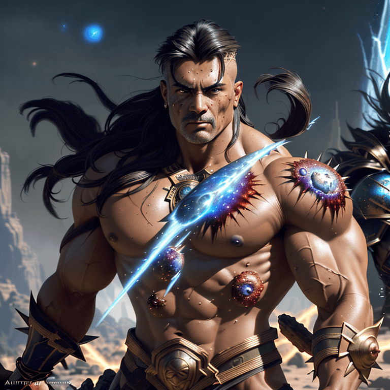 AI generated: the most strongest powerful warrior in the universe, cosmic, epic, muscular, olive smooth tan skin, ...