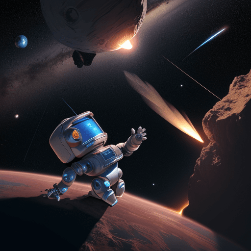 AI generated: 
a small robot collecting meteor in space

