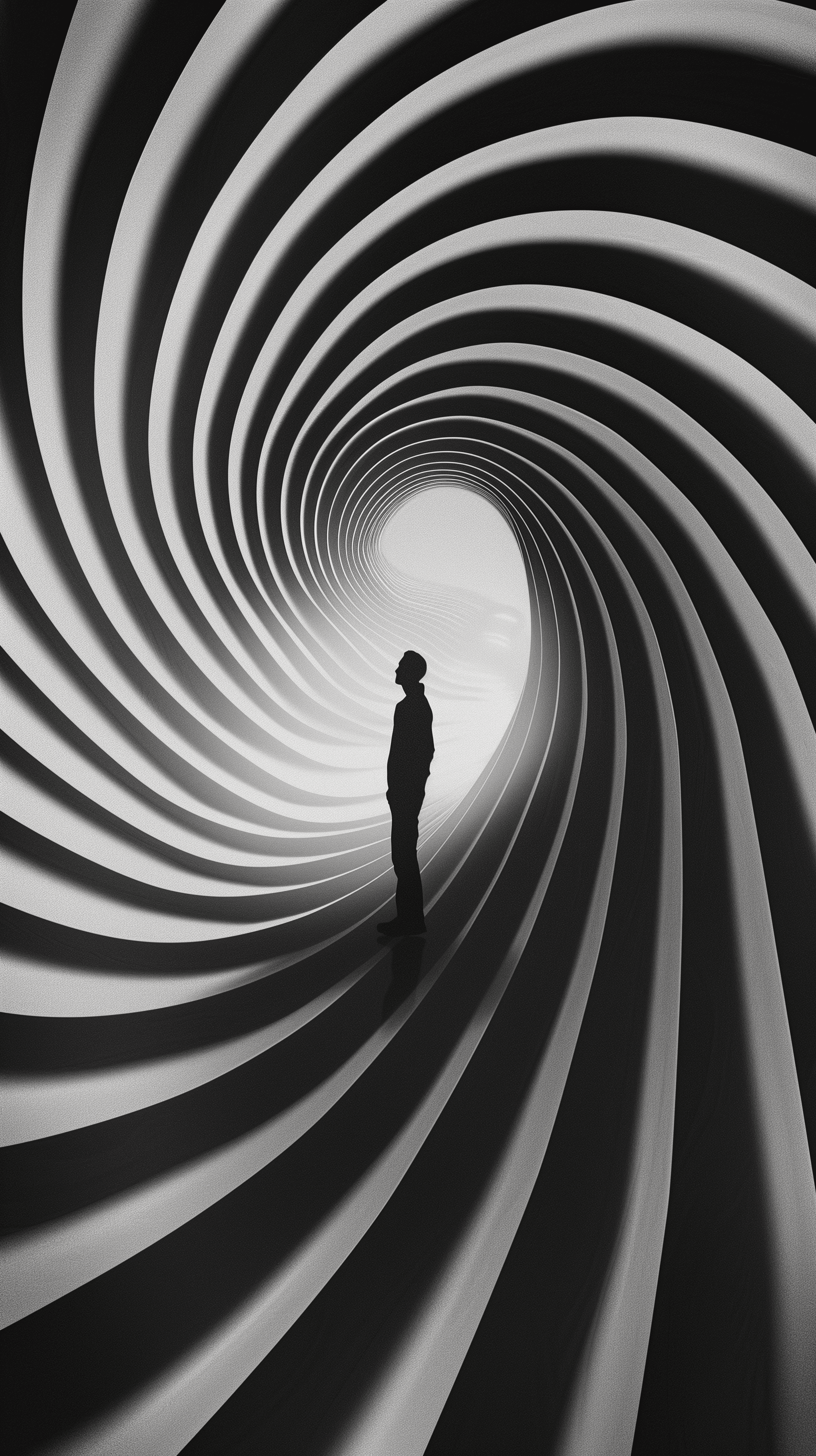 AI generated: abstract monochrome spiral drawing dominates the frame, its lines curving inward to a vanishing poin...
