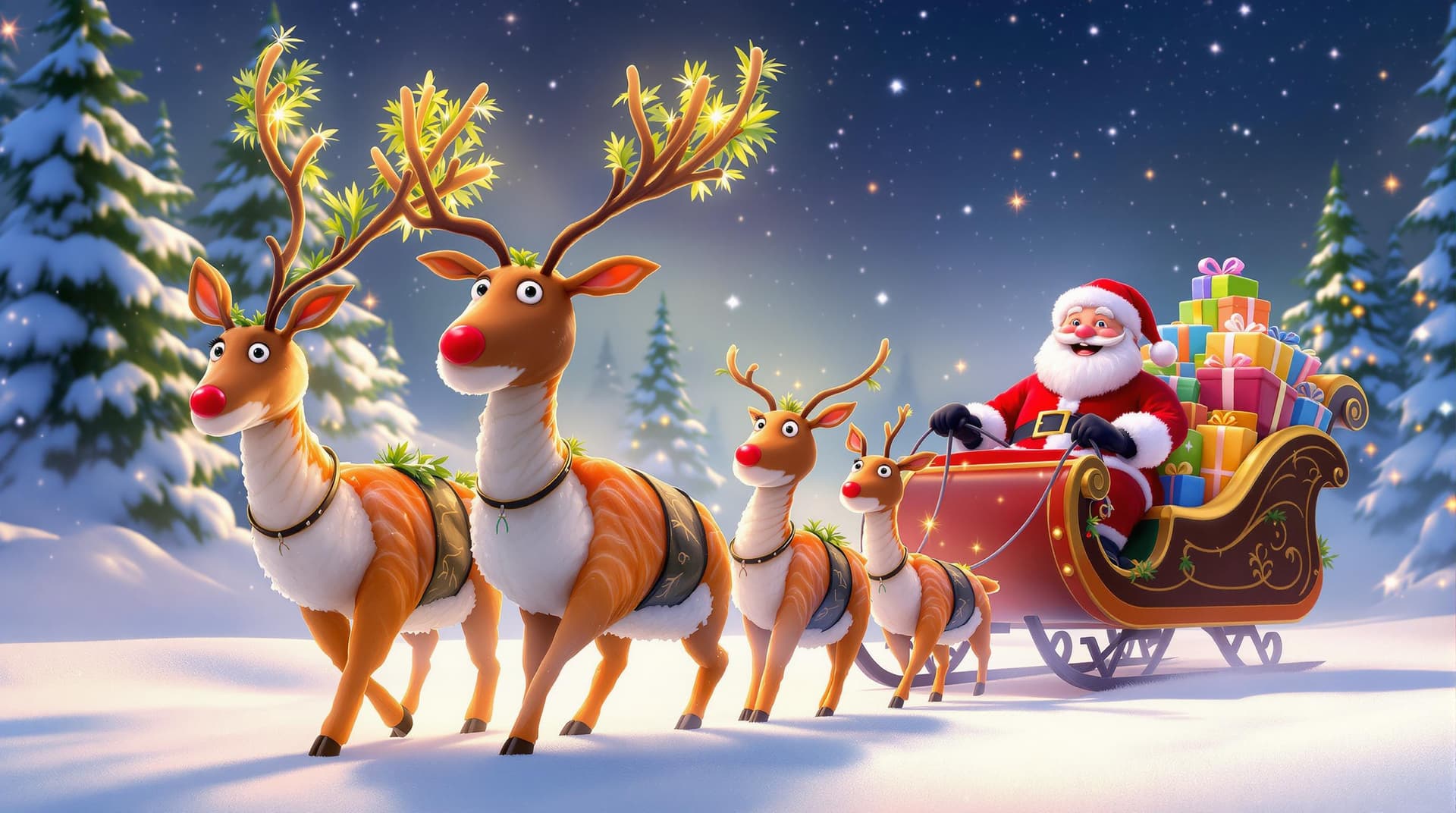 AI generated: A whimsical holiday scene in a Disney Pixar style, with two main sushi reindeer in the foreground, e...