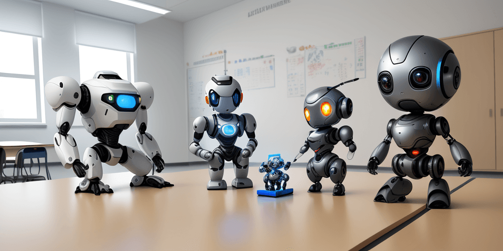 AI generated: image about 2 human boy and girl students playing with a small and cute robot. group discussion, lar...