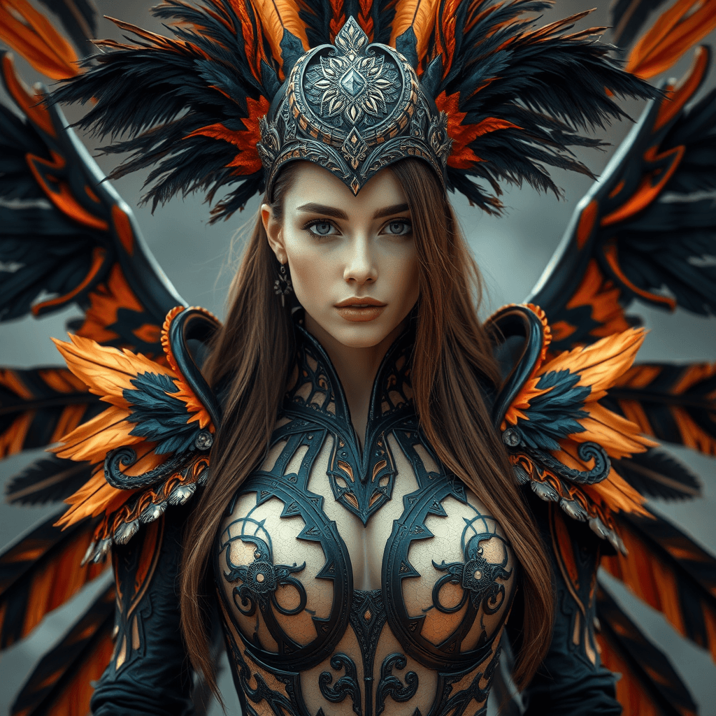 AI generated: A woman with long brown hair wearing an elaborate costume featuring intricate black and orange desig...