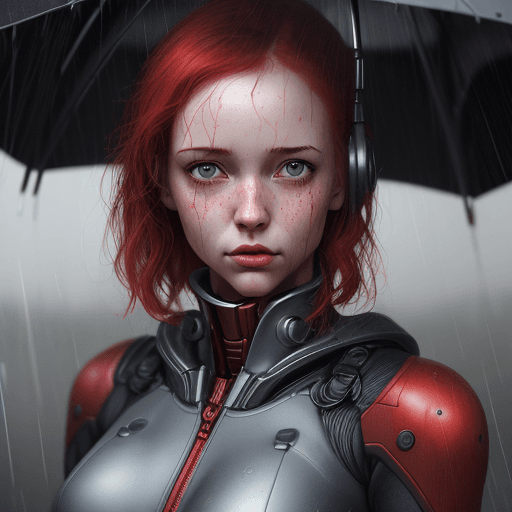 AI generated: young girl with a red robot suit standing in the rain, in the style of detailed hyperrealism, skotti...