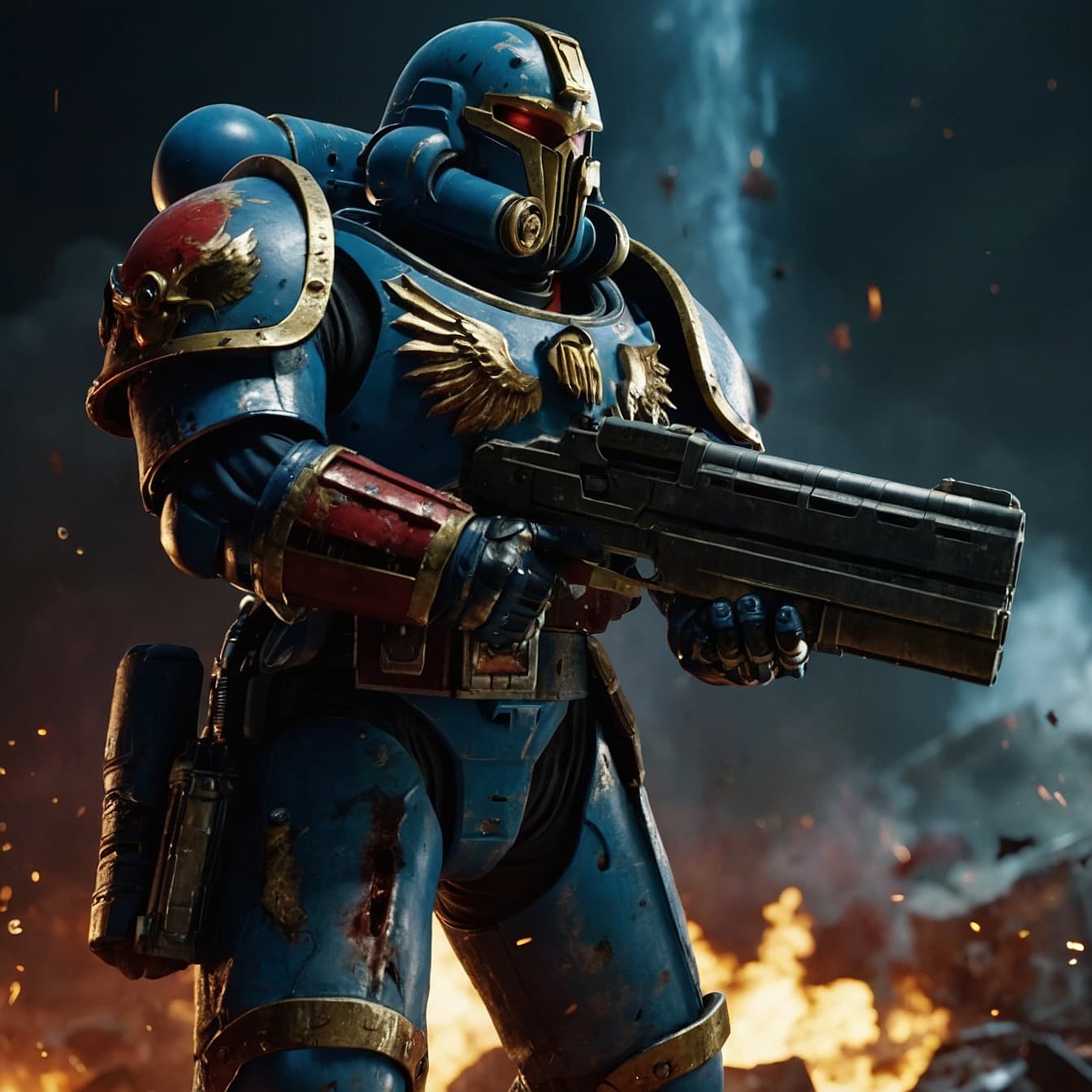AI generated: very high detailed Spacemarine,photorealistic,warhammer 40000,weapon, in a battle scene,shiny,raytra...