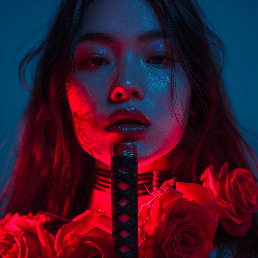 AI generated: Asian girl looks half-front, long hair, neon red light, detailed red roses wrap around neck, she hol...