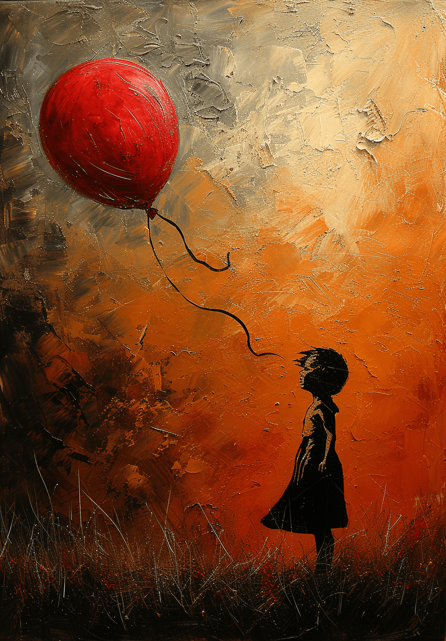 AI generated: a painting of a girl holding a red balloon, in the style of dynamic energy flow, beautifully texture...