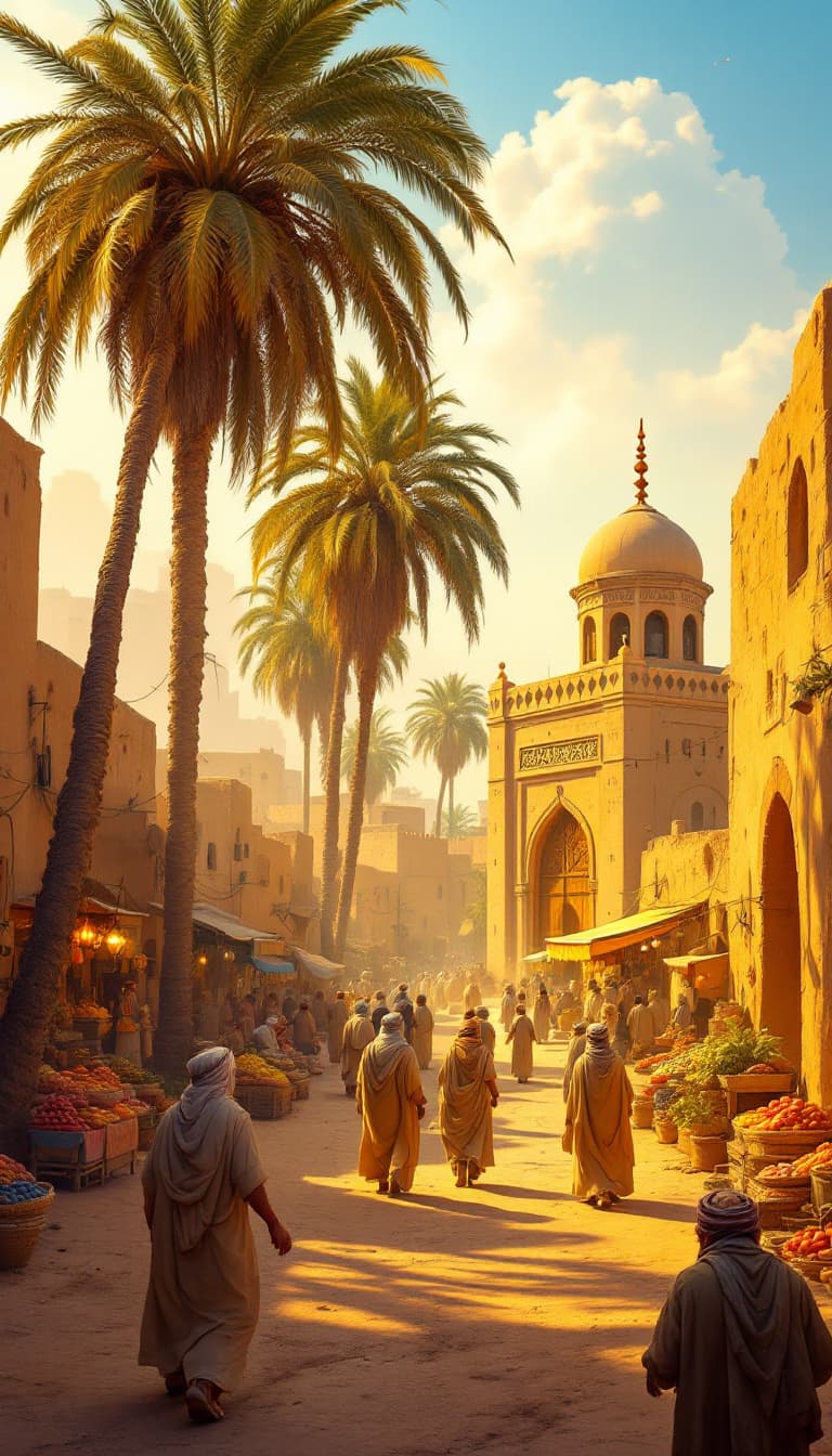 AI generated: "Create a vibrant scene of Kufa in the 7th century, a bustling market with narrow, dusty streets and...