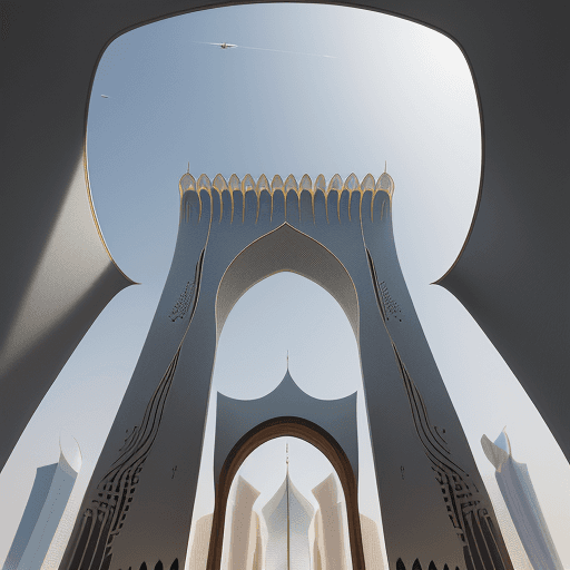 AI generated: Photo of the Sky Bridge Kingdom Tower Gate in Saudi Arabia with red arrow planes flying into the gap...