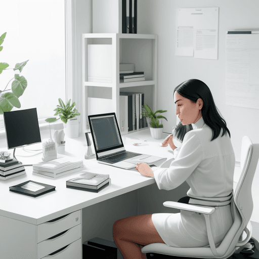 AI generated: modern, minimalist workspace, focused designer woman at a white desk, surrounded by objects of produ...