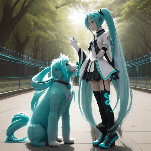 AI generated: Draw Hatsune Miku conversing with a dog. Hatsune Miku, a virtual idol with long turquoise hair and a...