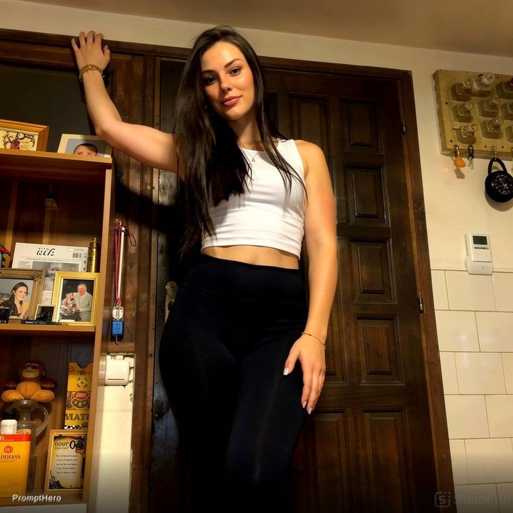 AI generated: One hand on wall,she look at camera in black yoga pants and bra