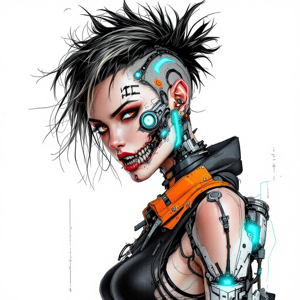 AI generated: Create an intricate sketch of a cyborg character, heavily influenced by punk rock aesthetics. The cy...