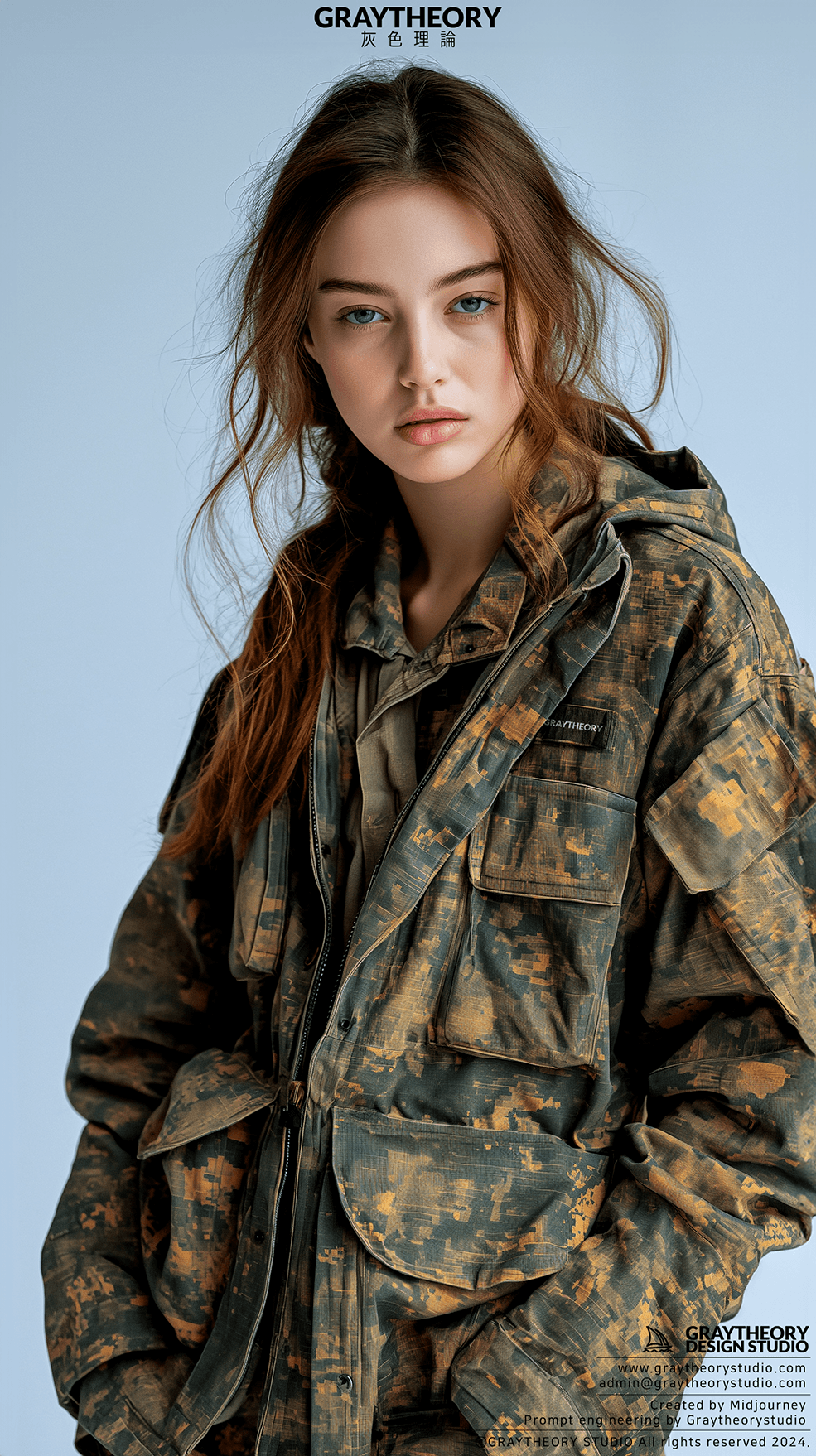 AI generated: Photograph, woman, model, minimalist millitary, stylish hair, gaze, solid white environment, studio ...