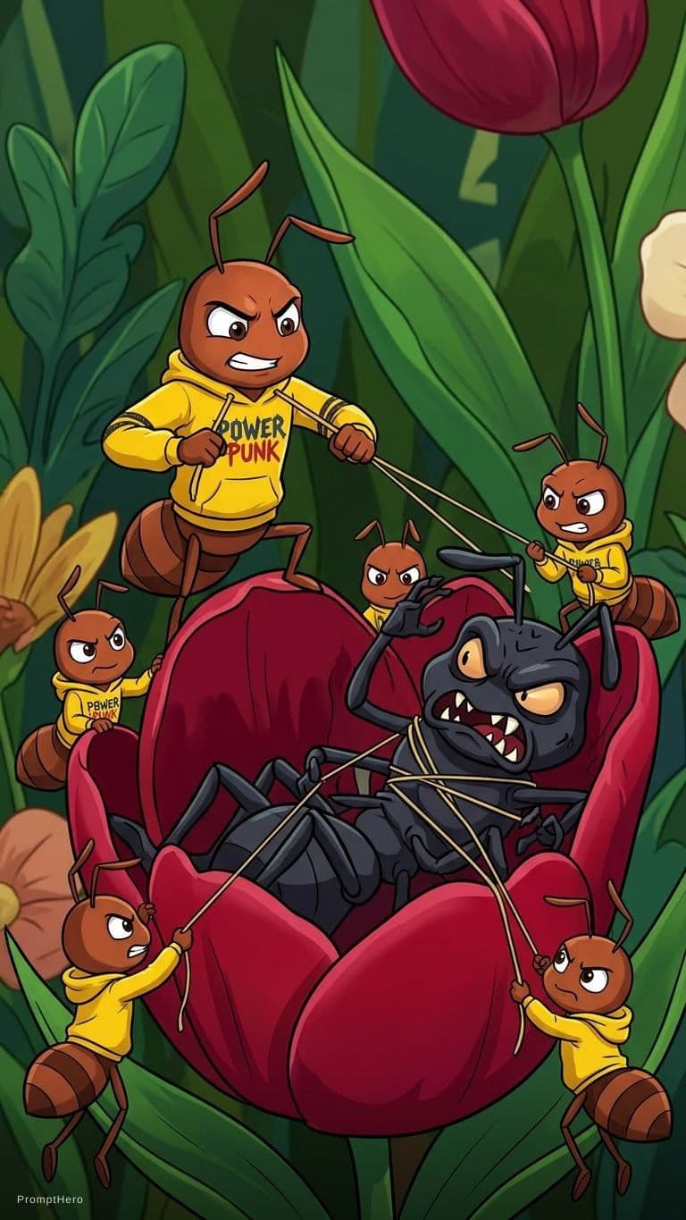 AI generated: An animation of several ants working together to defeat a giant villain in a flower.