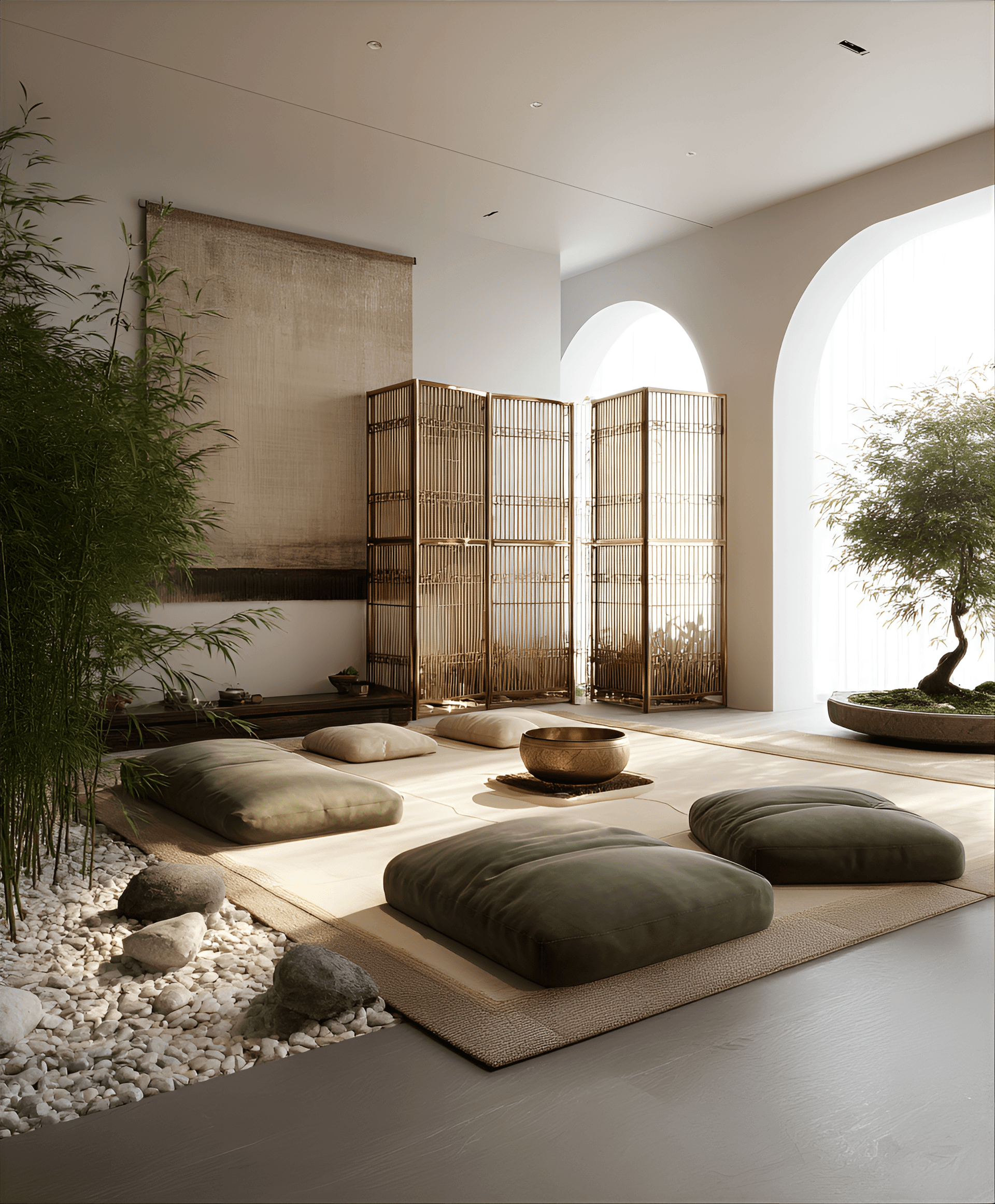 AI generated: photography, a serene meditation room featuring a zen garden, floor cushions, and bamboo dividers, c...