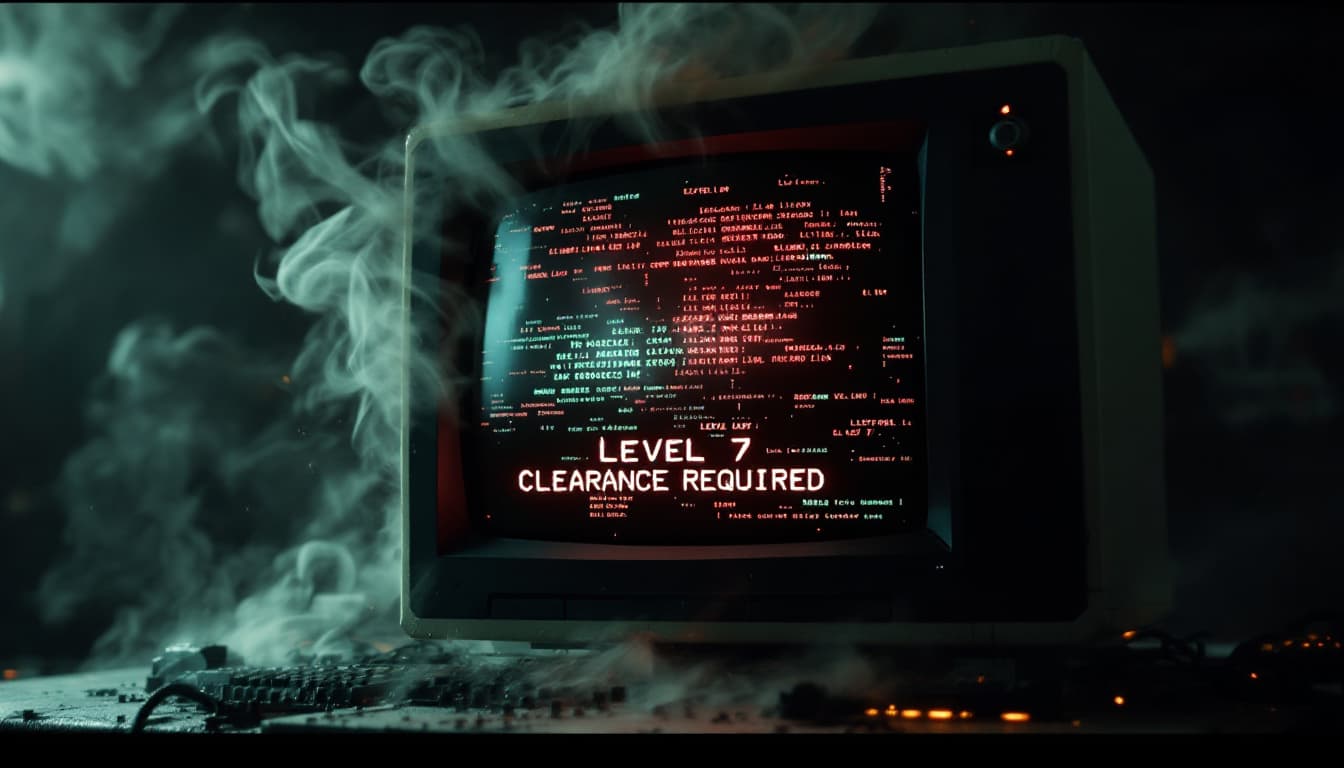 AI generated: Retro computer monitor from 1990s displaying corrupted data matrix, smoke rising from burnt circuits...
