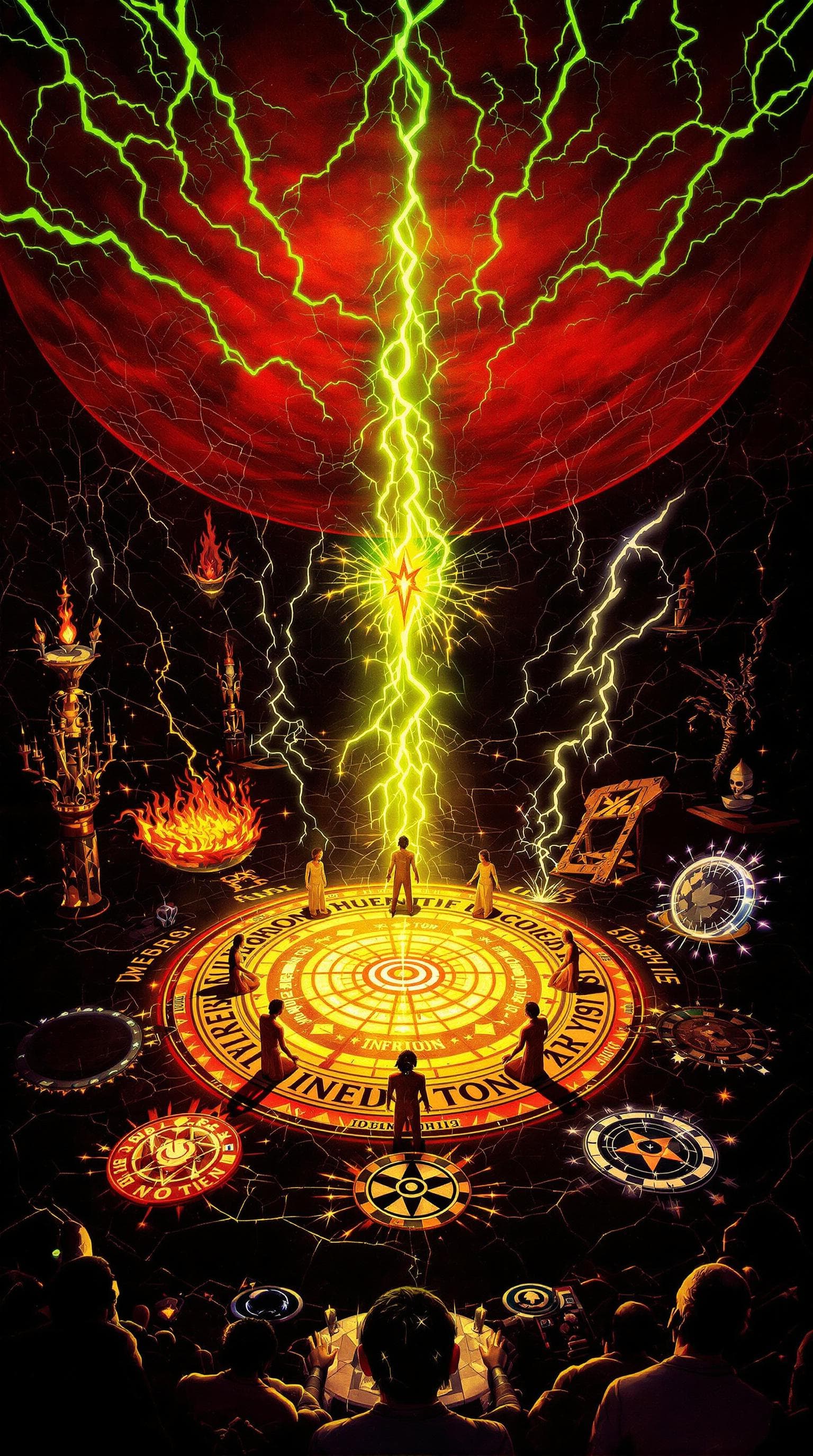 AI generated: An ancient, cracked mural depicting a group of humans performing a ritual on a glowing magic circle....