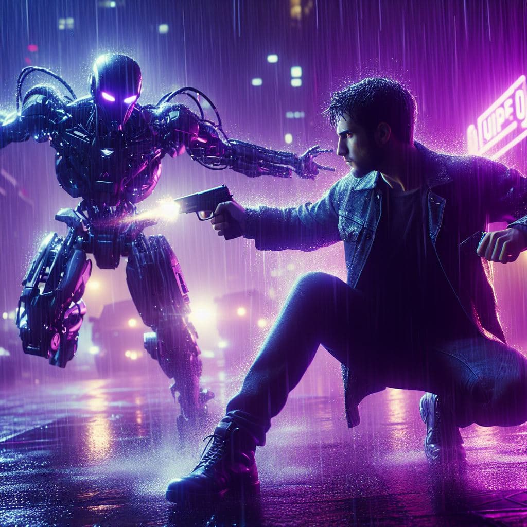 AI generated: high quality action shot of a yung man fighting using guns against futuristic robot in a cyberpunk c...