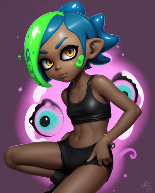 AI generated: splatoon, inkling, short hair, dark skin, hypnotized, spiral eyes
