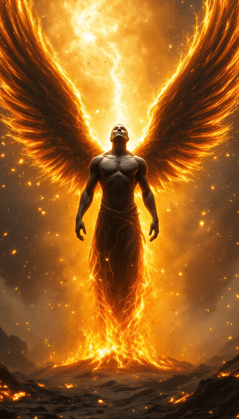 AI generated: A powerful, cinematic fantasy artwork depicting a mythic figure ascending in a blaze of divine fire....