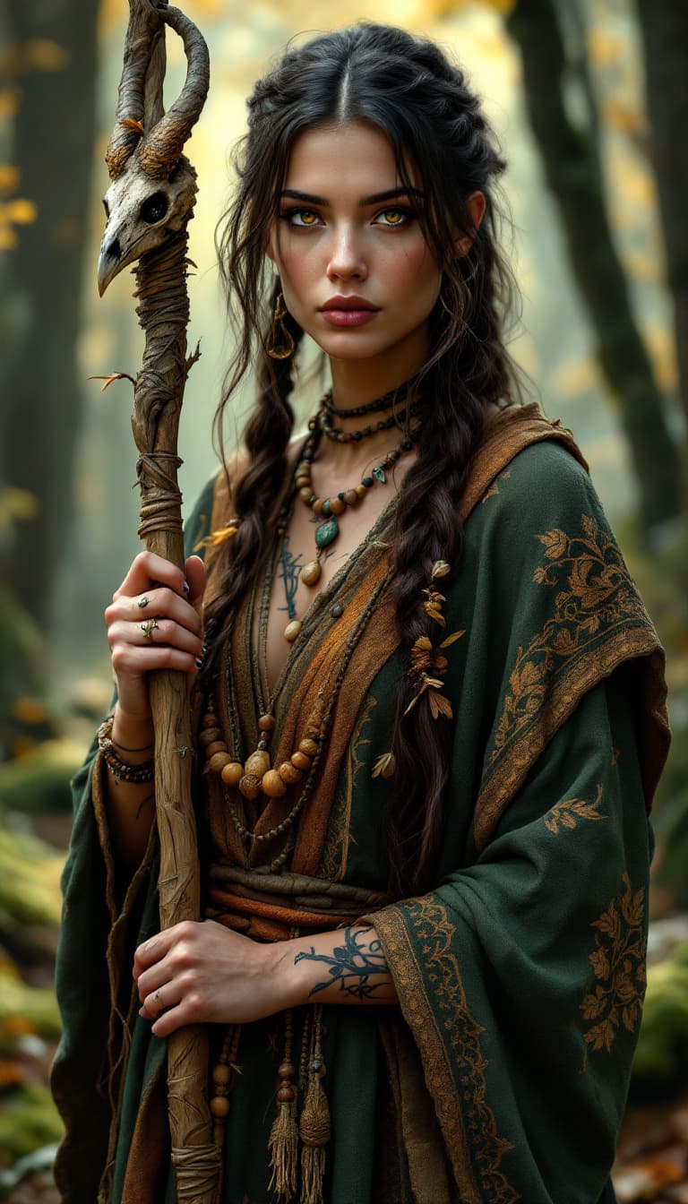 AI generated: An ultra-realistic, full-body portrayal of a stoic woodland shaman woman, emanating wisdom and natur...