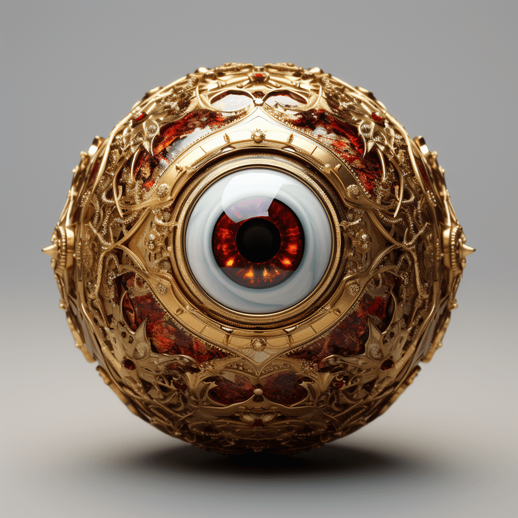 AI generated: jewelry design of an eyeball made of fine gold, precious stones, rare, collectables, museum item, in...