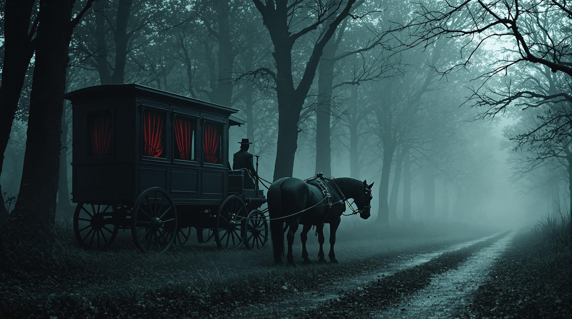 AI generated: a dark, atmospheric scene set in a misty forest, evoking a gothic horror style. On the right side of...