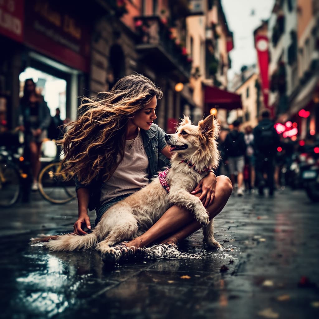 AI generated: Una chica caóticacon su perro en una ciudad italiana del sur con todas os estereotipos de italia