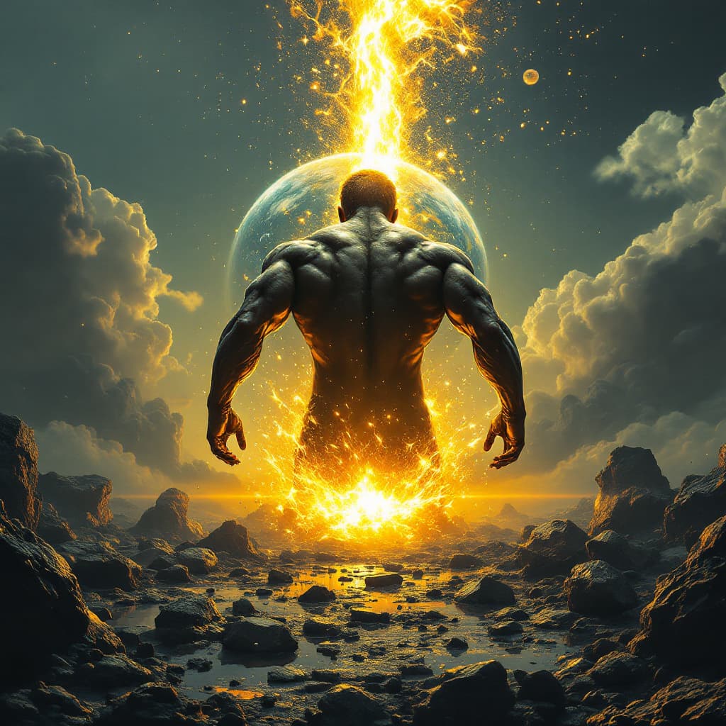 AI generated: Darkwave, synthwave,  epic music album cover. It portrays a close up of a floating very muscular per...